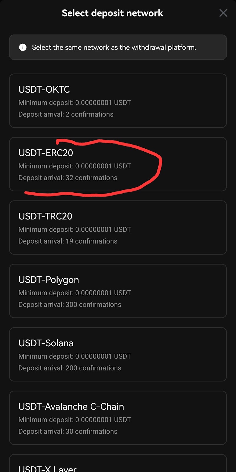 Now select the USDT-ERC20 network