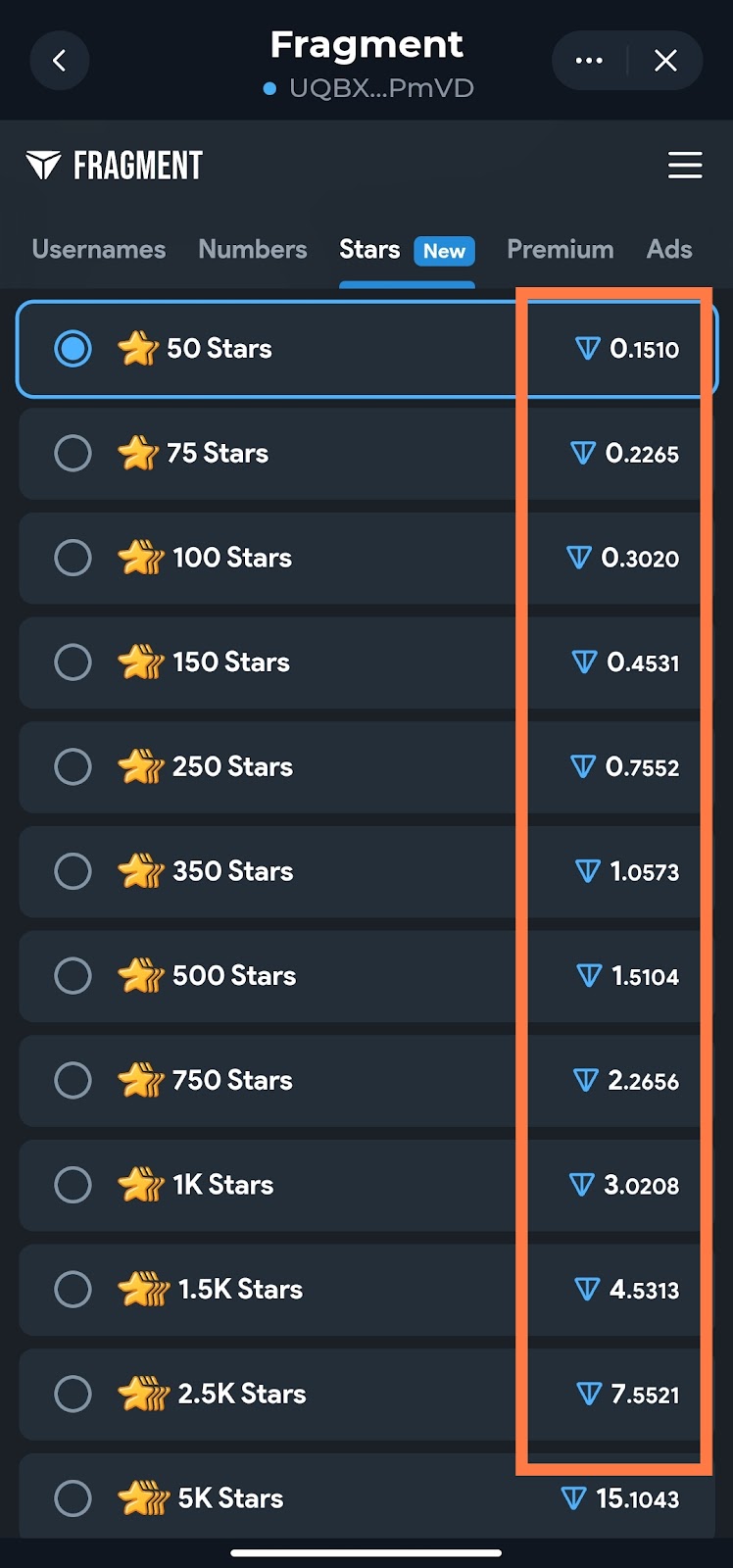 Price of telegram stars with ton