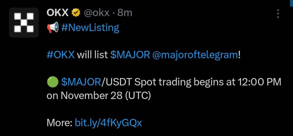 Major Airdrop Official Listing Date